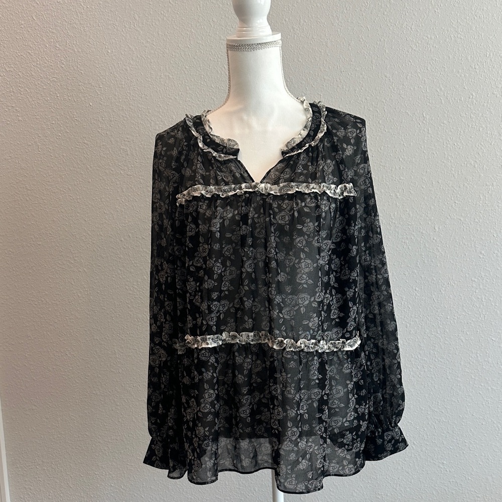 Vince Camuto Black Floral Sheer Blouse